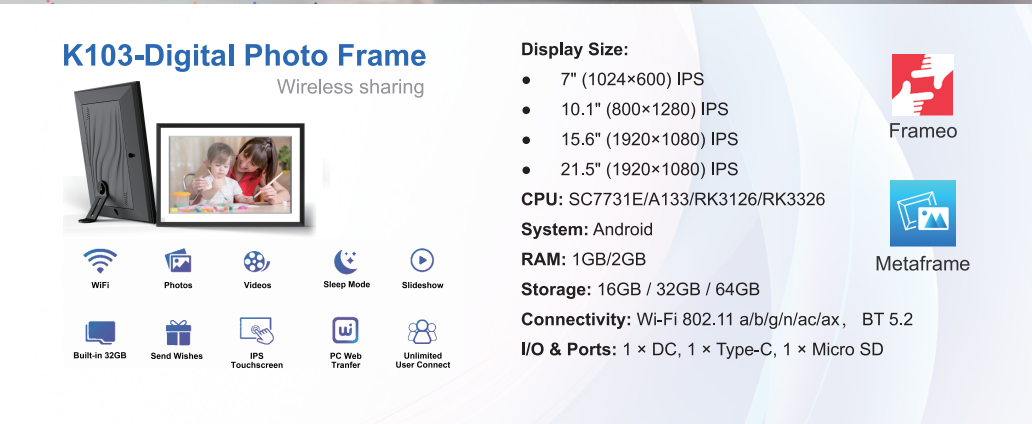 K701|7 inch 1+32GB BT Wifi SD card Android 6 Touchable Digital Picture Frame & Videos for home/office