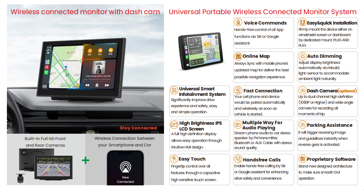 709A|7.0'' IPS Touch Screen Car DVRs 1280*800 Android Auto BT FM transmitter Voice Commands Parking assistance Carplay