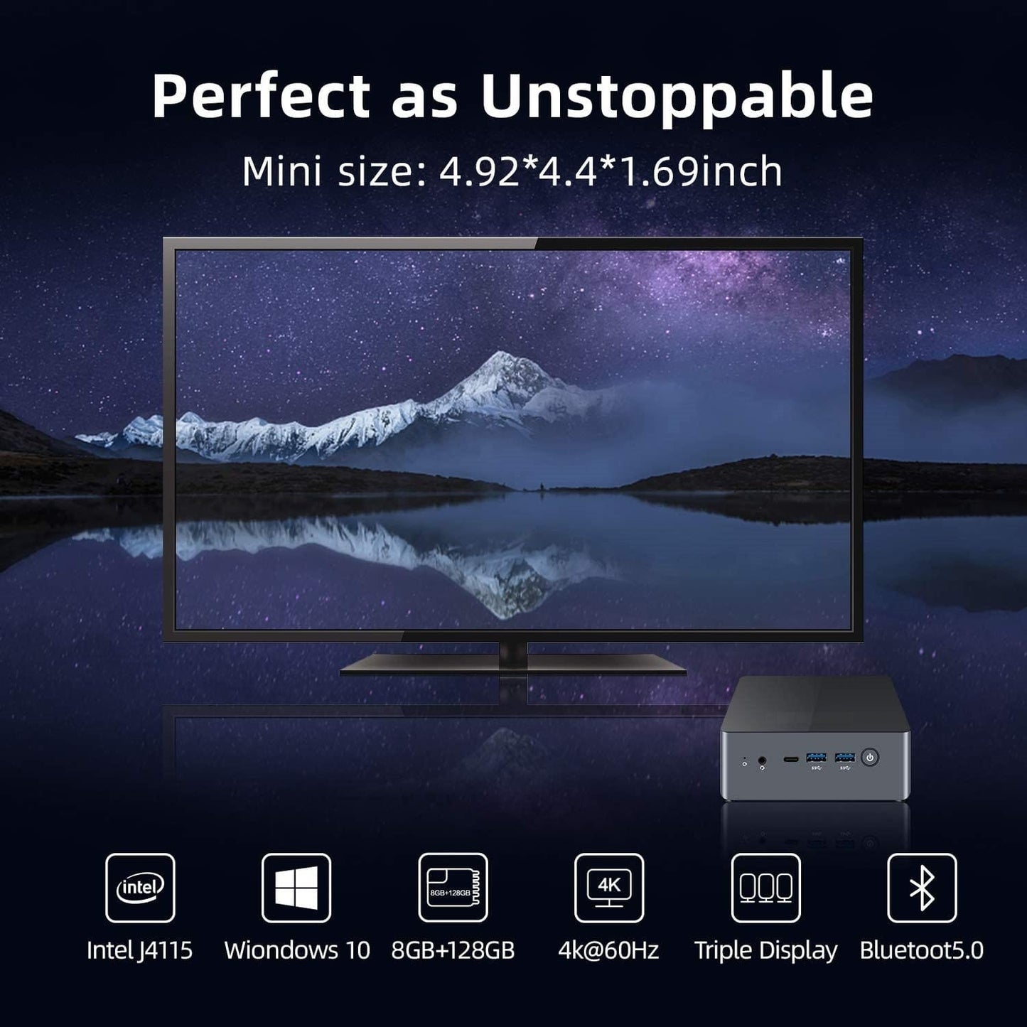 MB25 Mini PC Windows 10 Intel Celeron J4115 with 8GB DDR4/ NVMe M.2 128GB SSD with Triple Display 4K@60Hz