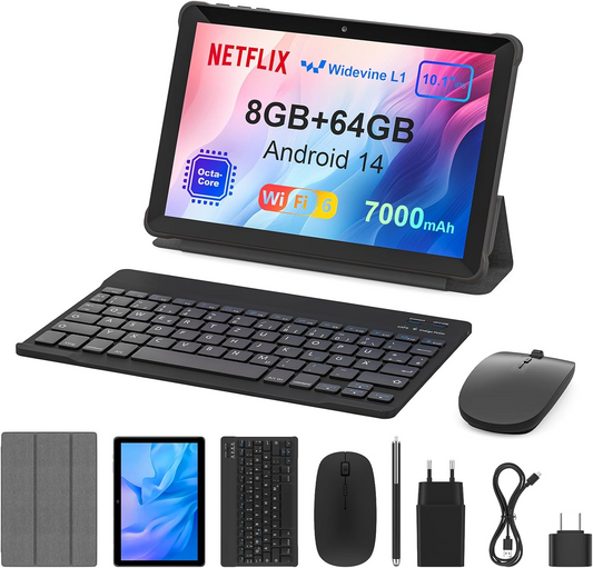 10 inch Android 14 8GB+64GB Tablet PC 7000mAh Battery Face Recognition Metal Body with Keyboard, Mouse, Type C, dapter, Pen