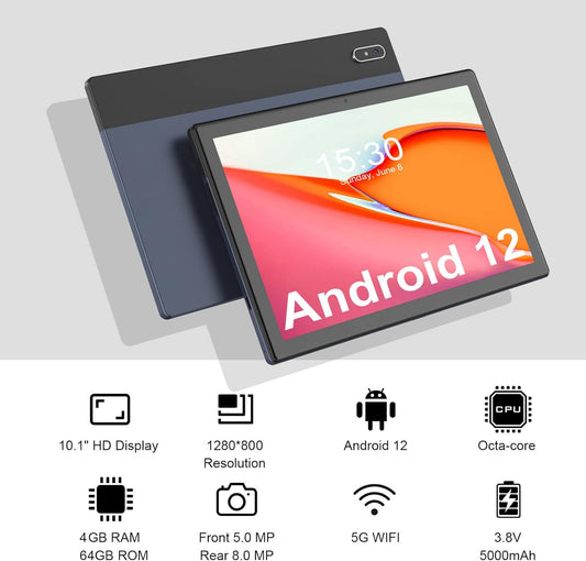 1093|Android Tablet, 10 inch Android 12 Tablets, 4GB RAM 64GB ROM, 2.0GHz Octa-Core, 1280x800 IPS Touchscreen, 13MP Camera, 2.4G&5G WiFi, BT, Dual Stereo Speakers, GPS Tablet PC GMS Certified
